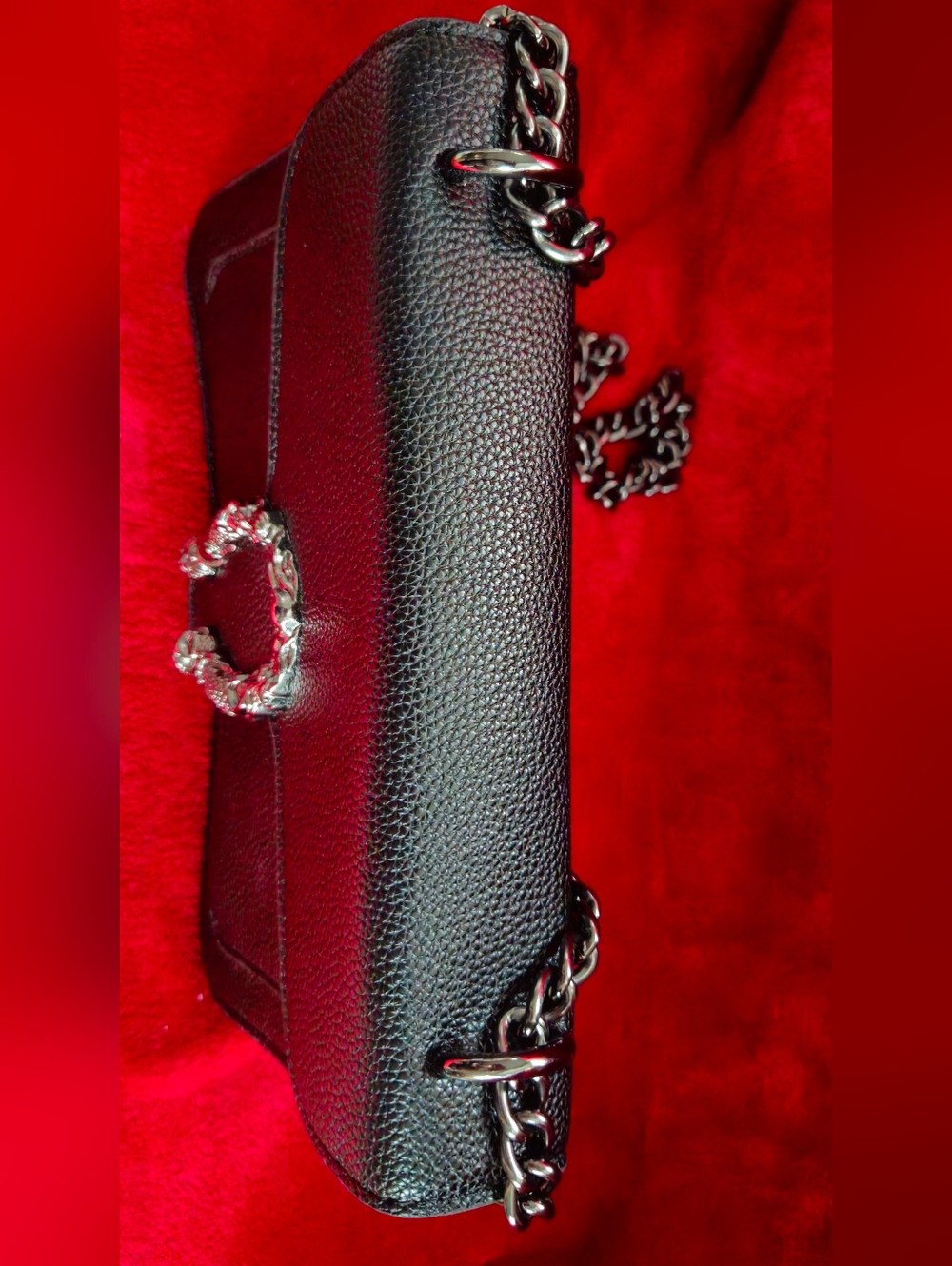 Black Pebble Leather Chain Shoulder Bag with Silver-Tone Hardware - Picture 5 of 12